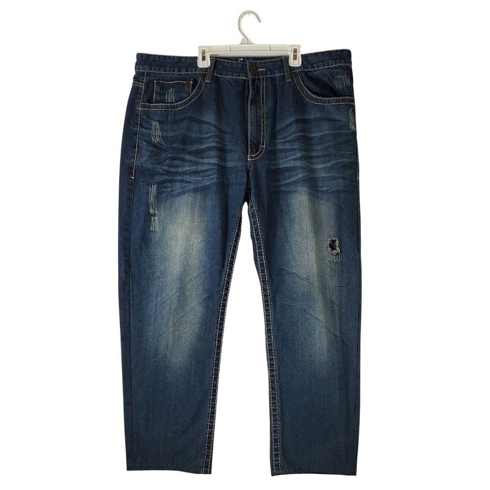 Knockout Jeans Mens 38x28 Straight Fit Distressed Dark Wash Denim Blue Jeans